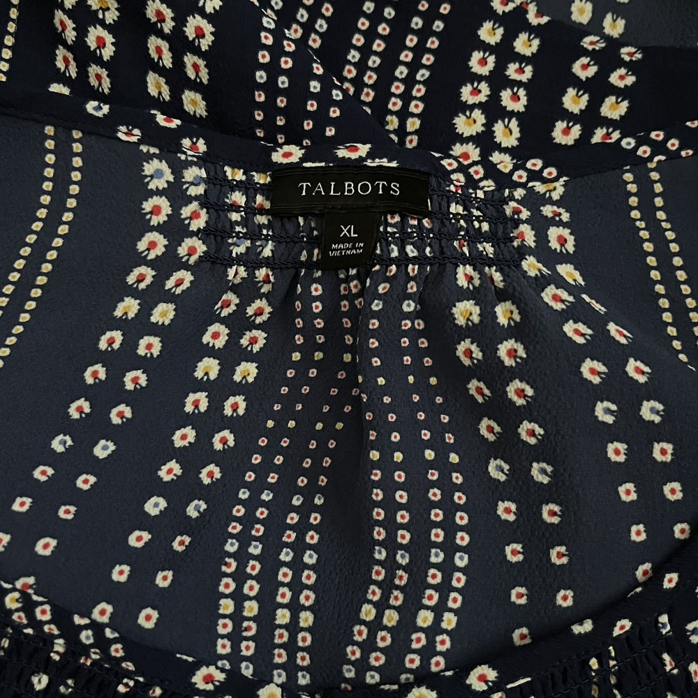 Talbots Wavy Dot Blouse XL | Blue Keyhole Short Sleeve Polished Casual Top - Picture 8 of 8